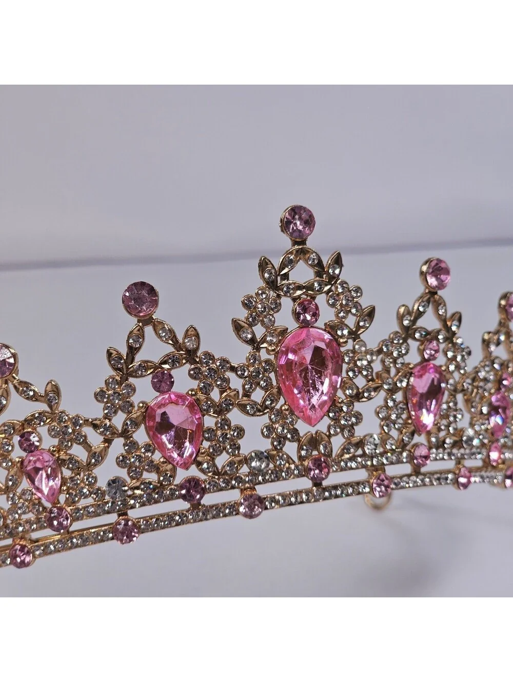 Pink Crystal Gold Tiara Rhinestone Princess Crown Pageant Wedding Headpiece EUC
